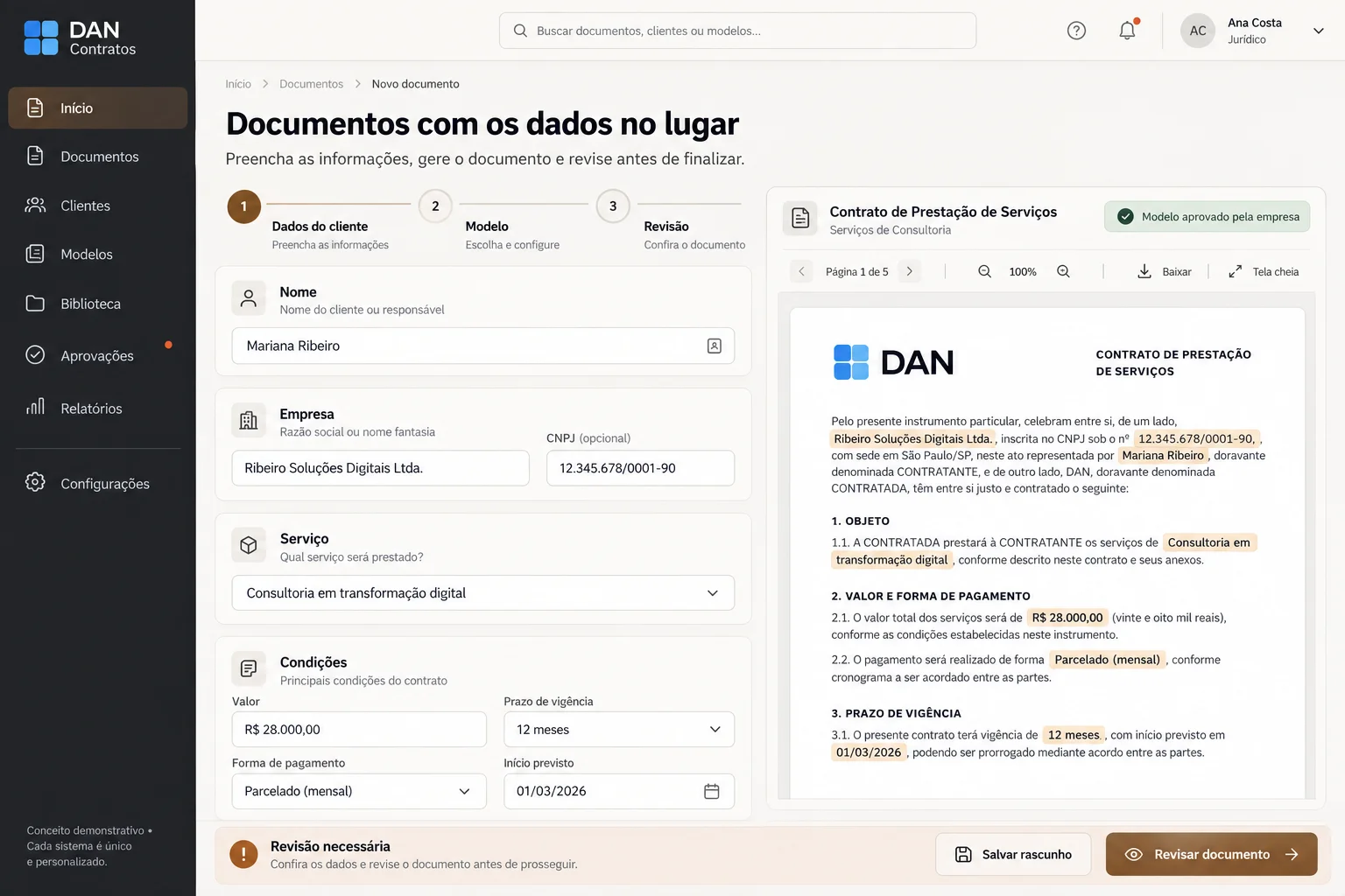 DAN Contracts concept with a form and completed document preview for review.