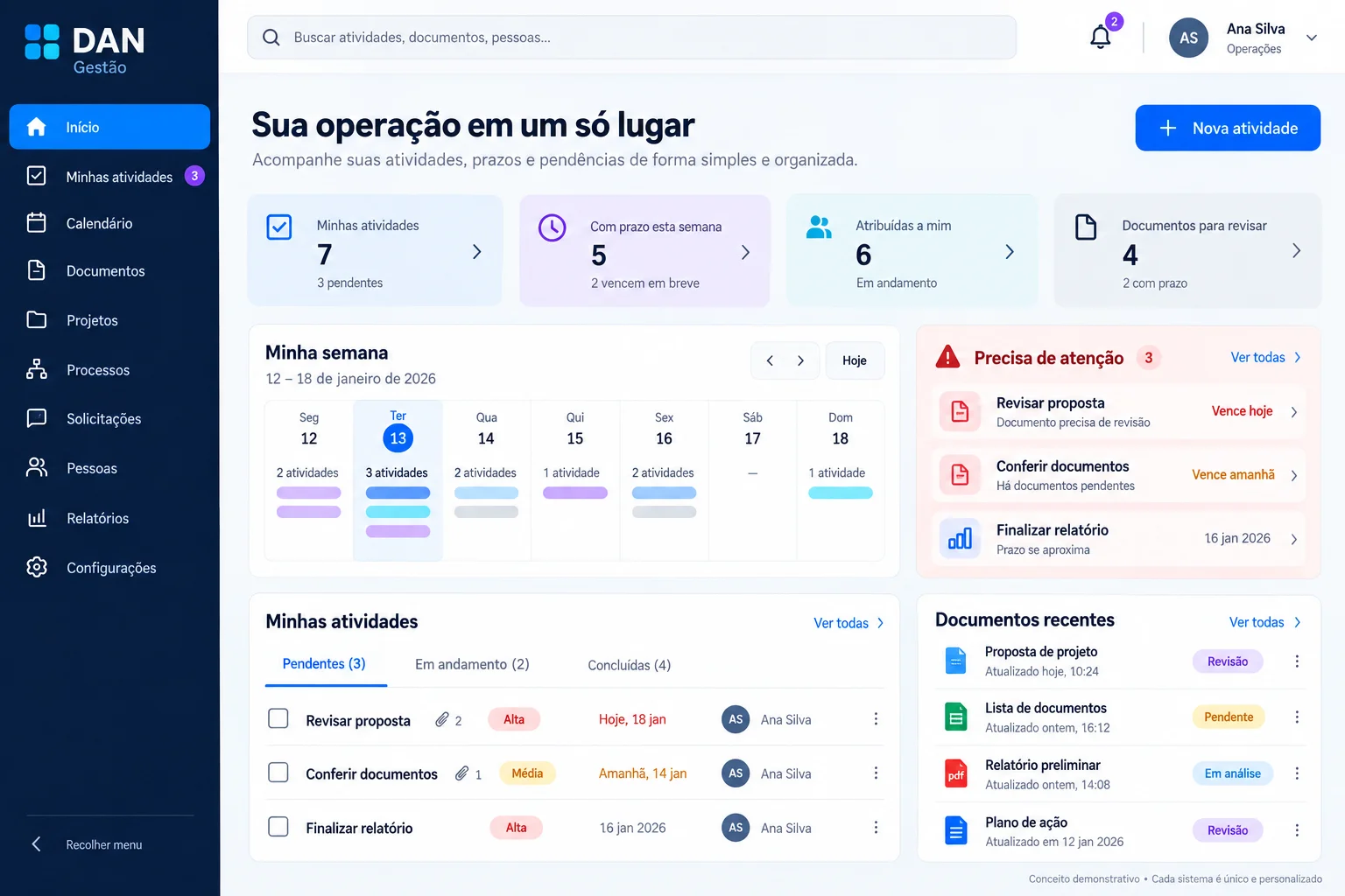 DAN Management concept with a calendar, activities and priority tasks.