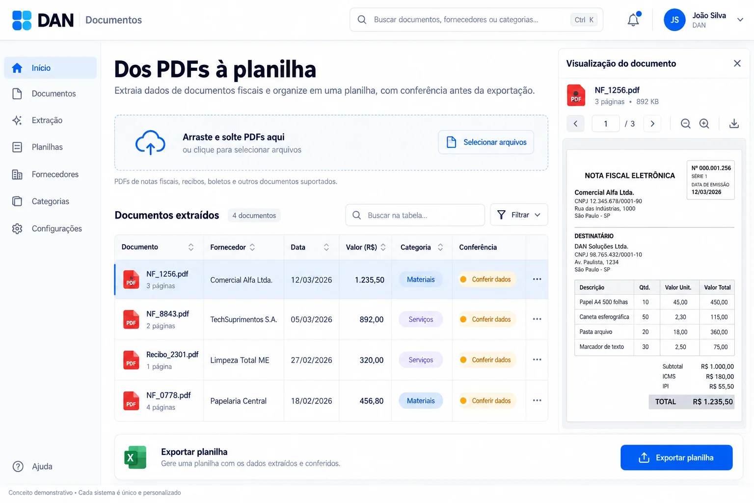 DAN Documents concept with PDFs, a data table and document preview.