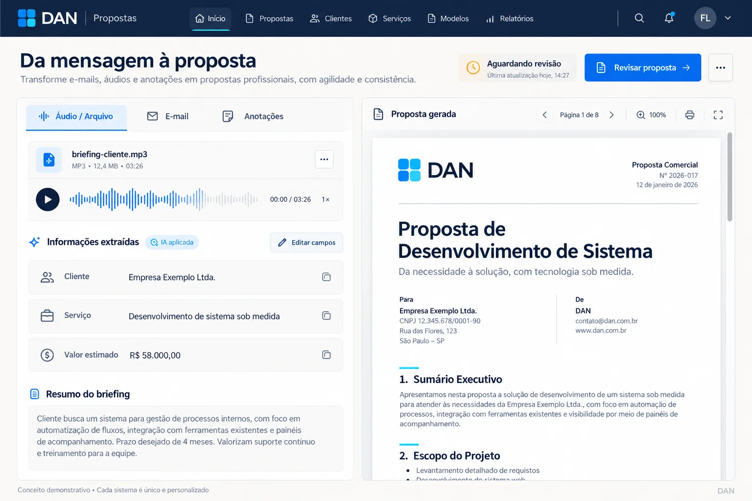 DAN Proposals concept showing audio, extracted fields and a document for review.
